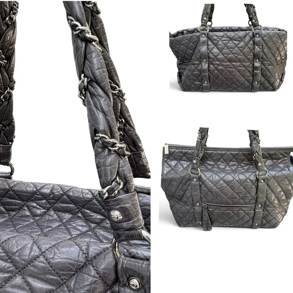 Chanel Lady Braid Black Aged Calfskin Quilted Duffel Tote Braided Chain w/ COA